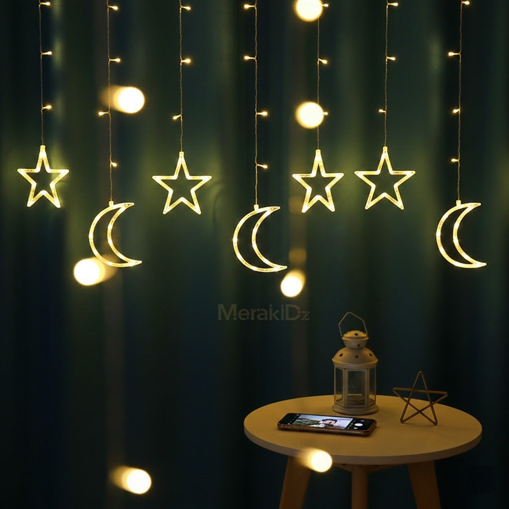Rideau lumineux LED étoiles et lune -  ستار الهلال والنجوم المضيئة