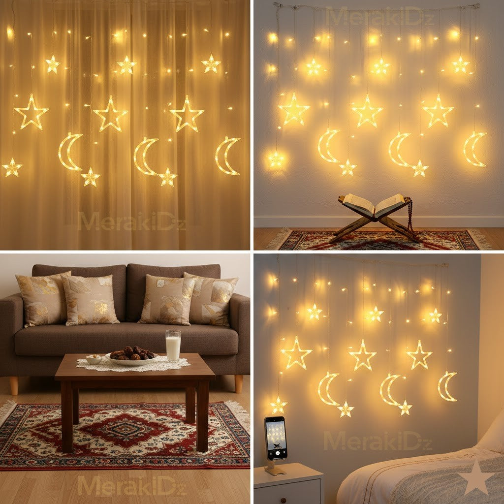 Rideau lumineux LED étoiles et lune -  ستار الهلال والنجوم المضيئة