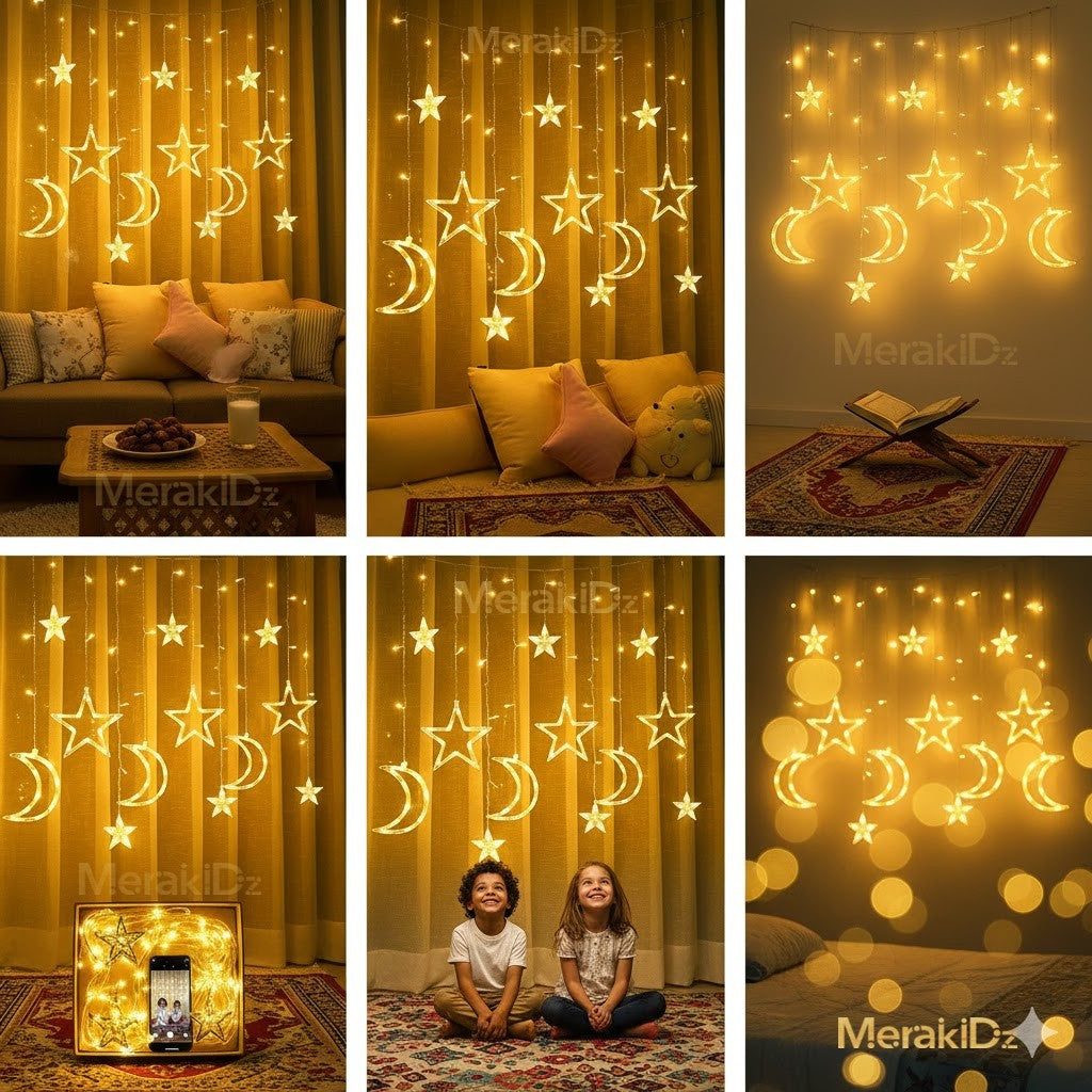Rideau lumineux LED étoiles et lune -  ستار الهلال والنجوم المضيئة