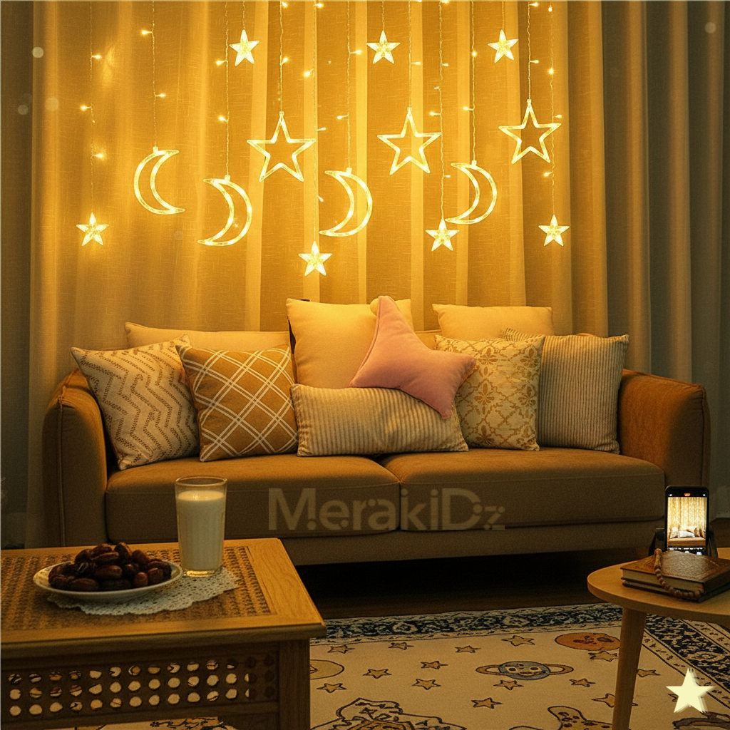 Rideau lumineux LED étoiles et lune -  ستار الهلال والنجوم المضيئة